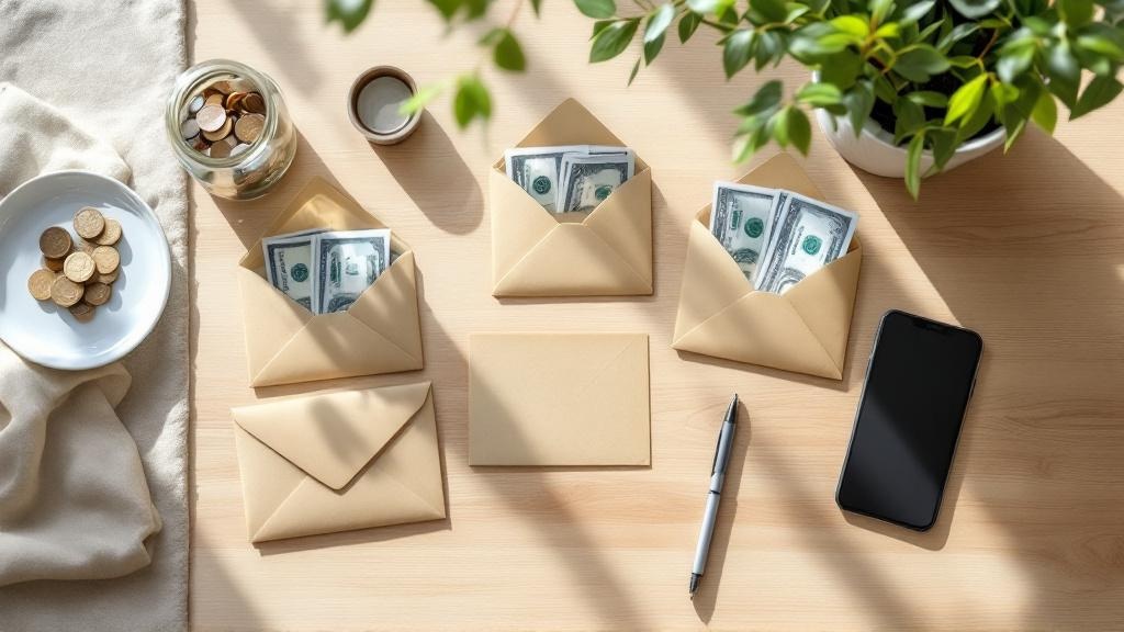 Overhead view of simple envelopes, a savings jar, and a smartphone on a kitchen table representing an easy family budget system.