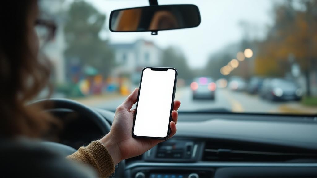 Parent in a parked car holding a smartphone with a glowing confirmation screen, symbolizing automated family savings on the go.