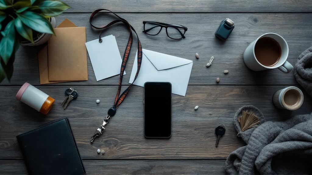 Overhead view of a wooden table scattered with a phone, envelopes, pill bottle, wallet, keys, and a work badge, arranged in overlapping clusters of everyday stressors.