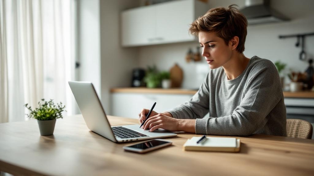 Wide shot of a person at a kitchen table reviewing gym options on a laptop and phone while taking handwritten notes in a bright modern kitchen.