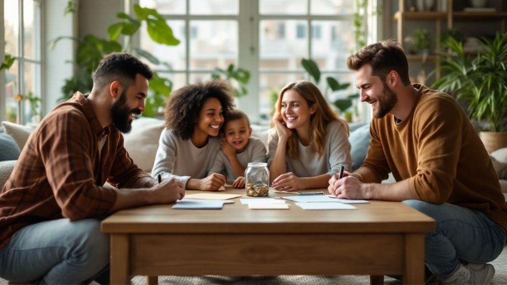 Family gathered around a living room coffee table, smiling as they look at a small savings jar and envelopes together.