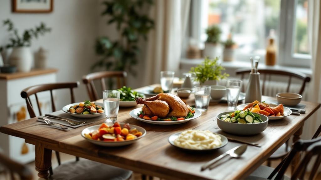 Wide view of a modest dining table set with a roasted chicken, roasted vegetables, salad, and cauliflower mash for a shared low-carb meal.