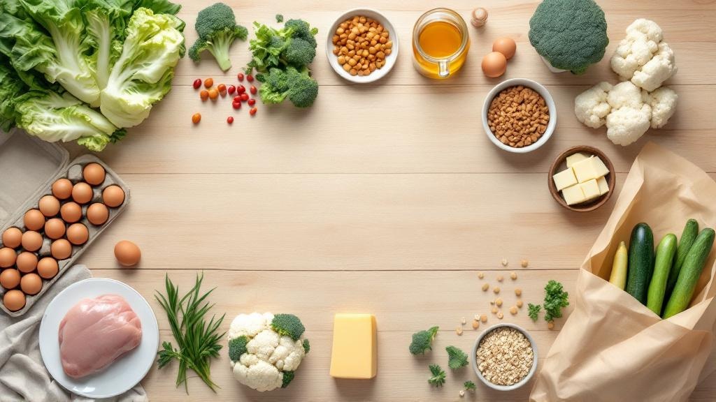 Overhead view of a wooden table arranged with affordable low-carb staples including eggs, chicken thighs, tofu, vegetables, and pantry items.