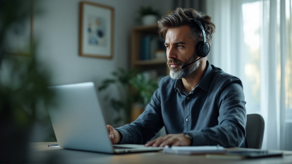 Low-angle view of a person on a video call at a home office desk, headset on and pen ready, projecting confidence about remote job interviews.
