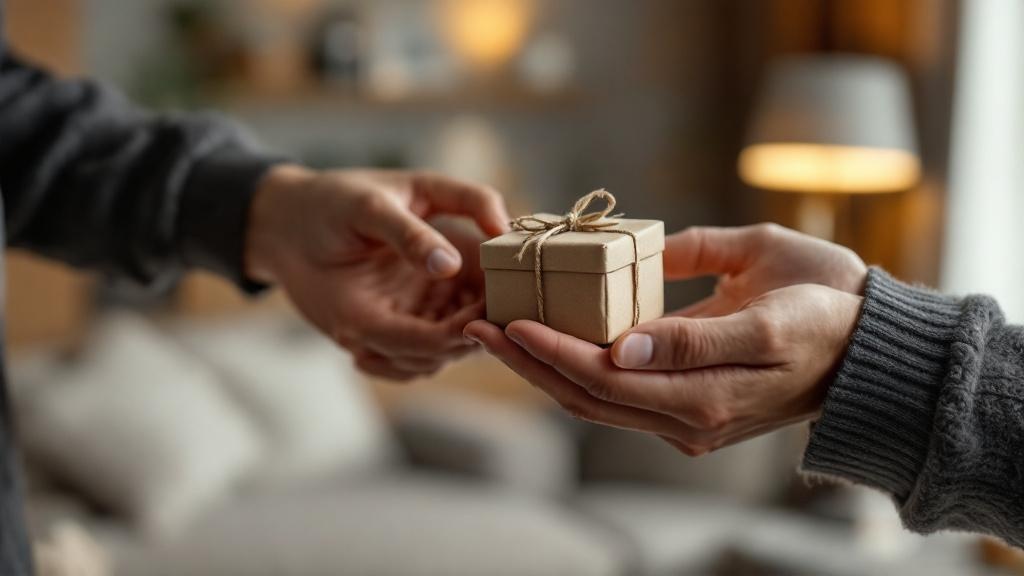 Close-up of a man’s hands receiving a tiny wrapped gift box in a softly lit living room, emphasizing the warmth and impact of a small, thoughtful present, illustrating small gift ideas for men