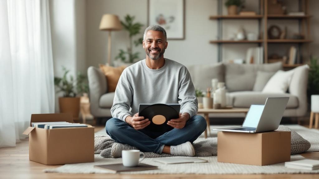Adult on a living room floor surrounded by boxes of vinyl records, thoughtfully examining one record with a laptop open in the background.