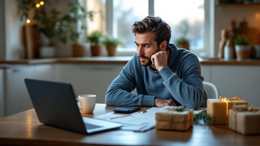 Adult at a kitchen table torn between a glowing laptop of online deals and neatly wrapped Christmas gifts beside a handwritten budget list.