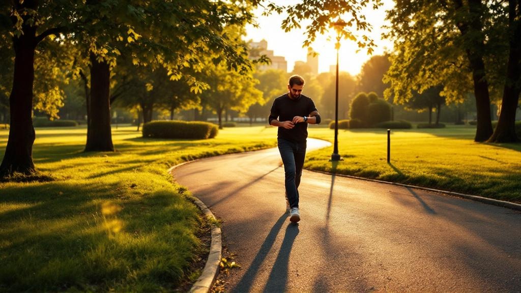 Wide view of an adult walking briskly along a sunlit park path, glancing at a smartwatch as trees cast long shadows.