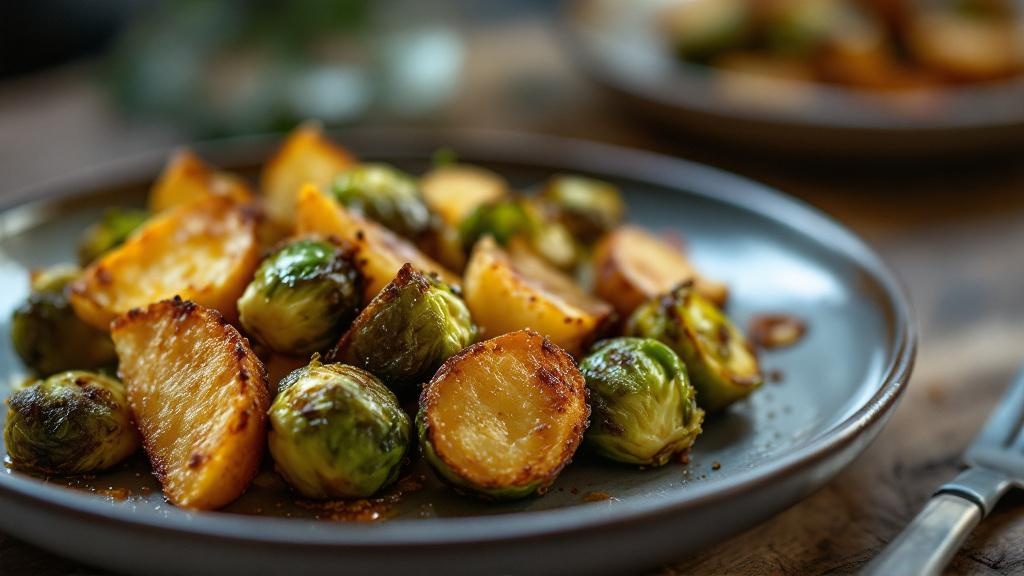 Macro close-up of air-fried Brussels sprouts and potato wedges showing crisp, browned edges and tender interiors on a ceramic plate.