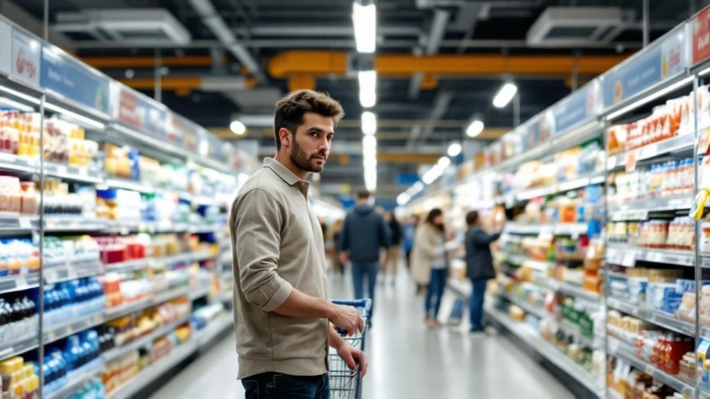 Wide view of a person casually shopping in a supermarket aisle, discreetly observing the environment like a mystery shopper.