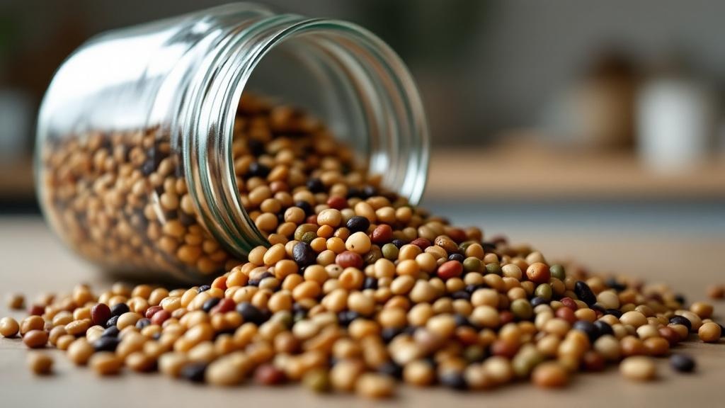 Macro view of a glass jar on its side with mixed dry beans and lentils spilling out, emphasizing rich textures and earthy, budget-friendly abundance.