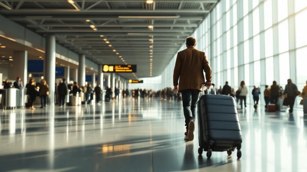 Low-angle view of a traveler with a small carry-on and personal item walking through a bright airport concourse, passing a distant line of passengers with large checked suitcases, showing How to Avoid Checked Bag Fees and Pack Smarter for Your Next Flight in action.