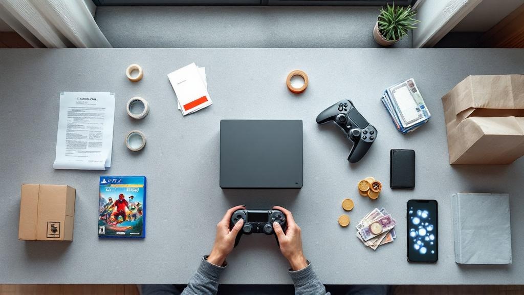 Overhead view of a game console and cases on a table, surrounded by props representing store trade-ins, shipping, cash, and smartphone marketplaces.