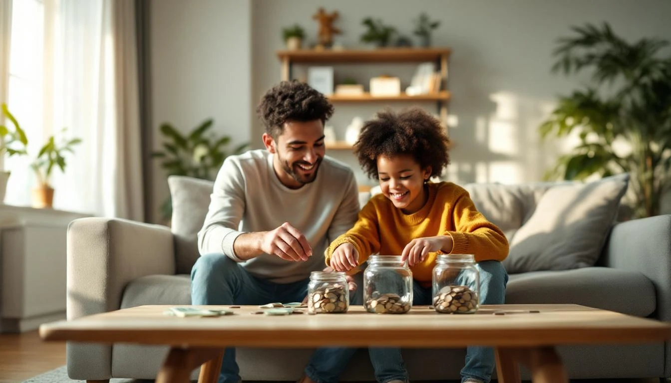 Wide view of a parent and kid in a bright living room, happily sorting coins into glass jars on a coffee table, illustrating simple money lessons at home.
