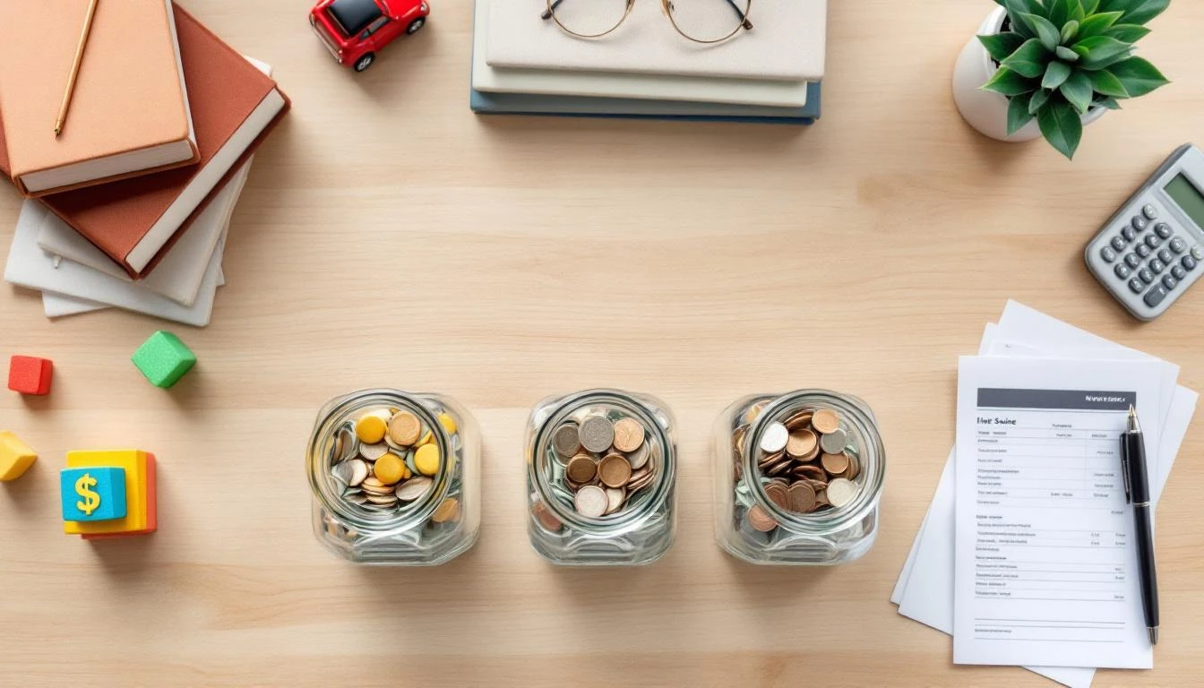 Overhead view of jars with money, books, a calculator, toy car, and plant arranged on a wooden table, symbolizing different savings and investment paths for a kid’s future and showing the best way to save money for kids options side by side.