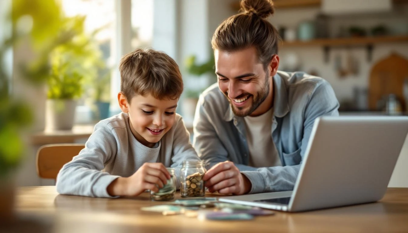 Parent and kid at a kitchen table calmly sorting money into glass jars beside a laptop, in warm natural light, suggesting simple family saving habits.