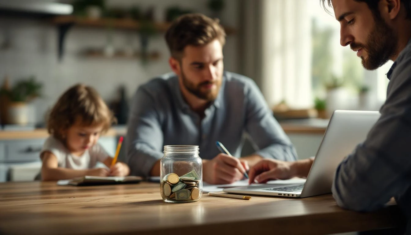 Parent reviewing savings on a laptop at a kitchen table with a glass jar of money as a kid colors nearby, conveying calm planning for a kid’s future.