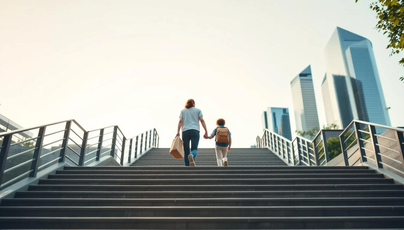 Low-angle view of a parent and older kid walking up city steps toward a soft sky and modern buildings, symbolizing long-term financial progress and future opportunities.
