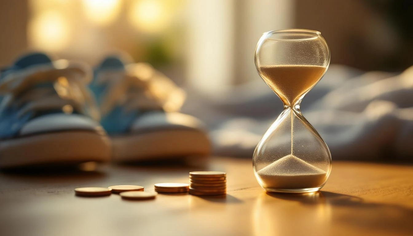Macro shot of an hourglass and small stack of coins in sharp focus with blurred tiny sneakers behind, symbolizing time and compounding for a kid’s future savings.