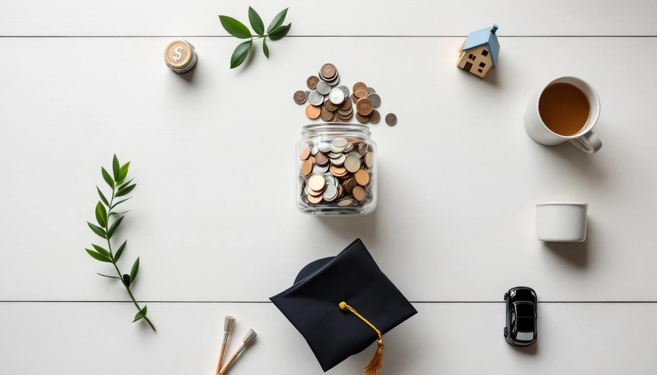 Overhead view of glass jars with money, a miniature house, toy car, and graduation cap arranged on a wooden table, symbolizing different savings goals and the best way to save money for kids.