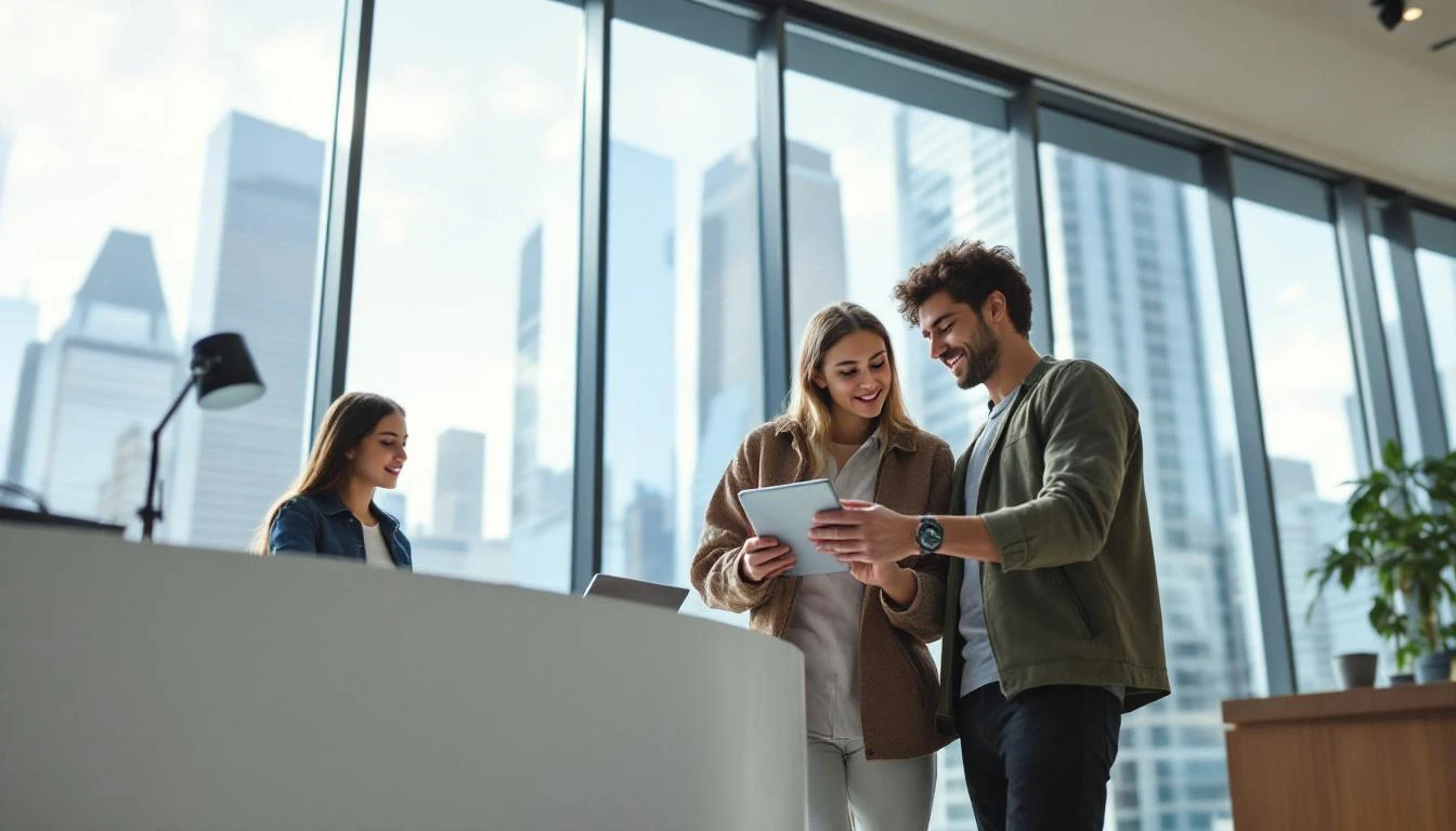 Low-angle wide shot of a teen and parent reviewing a tablet at a bright bank counter with city buildings visible through large windows behind them.