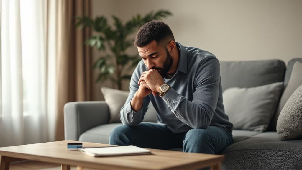 Thoughtful adult at home looks down at credit cards and a folder on a coffee table, framed from a low angle in soft, muted natural light.