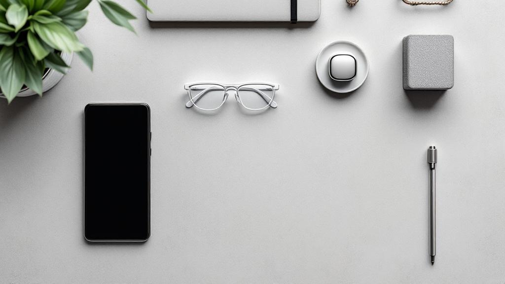 Overhead flat-lay of 2026 gadgets including a foldable phone, AR glasses, smart ring, small robot, and solar charger on a minimalist concrete desk.