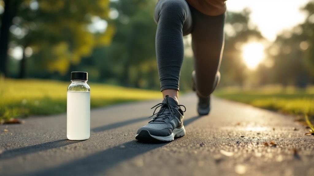 Close-up side view of a person performing a lunge on a park path with a reusable water bottle nearby and soft trees blurred in the background.