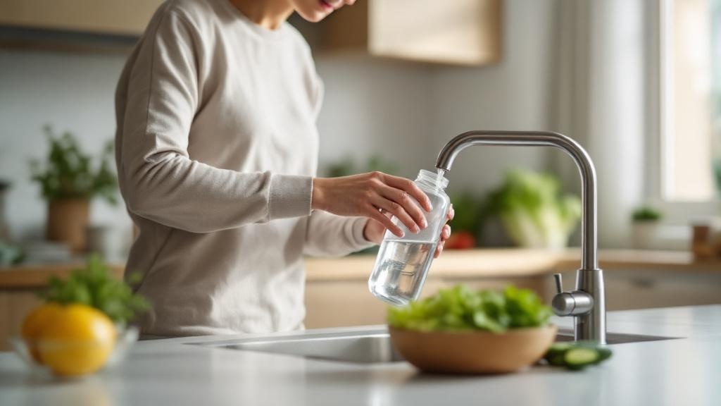 Adult filling a reusable water bottle from a kitchen tap beside lemons and fresh vegetables on a simple counter, suggesting affordable daily hydration habits.