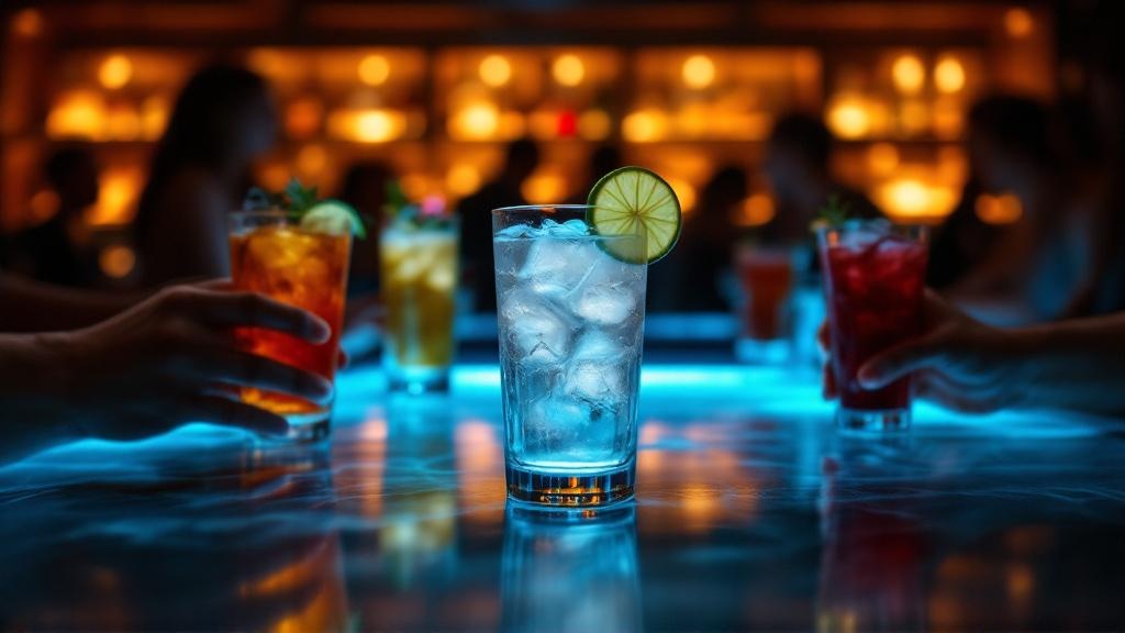 Low-angle view of a simple soda with lime held at a busy bar, surrounded by blurred, elaborate cocktails, symbolizing quiet budget and drinking boundaries.