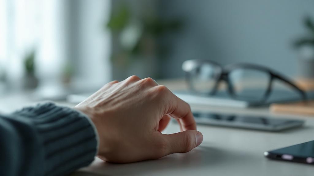 Close-up of a hand wearing a sleek smart ring beside a foldable phone, smart glasses, and a glowing laptop on a minimalist 2026 home desk.