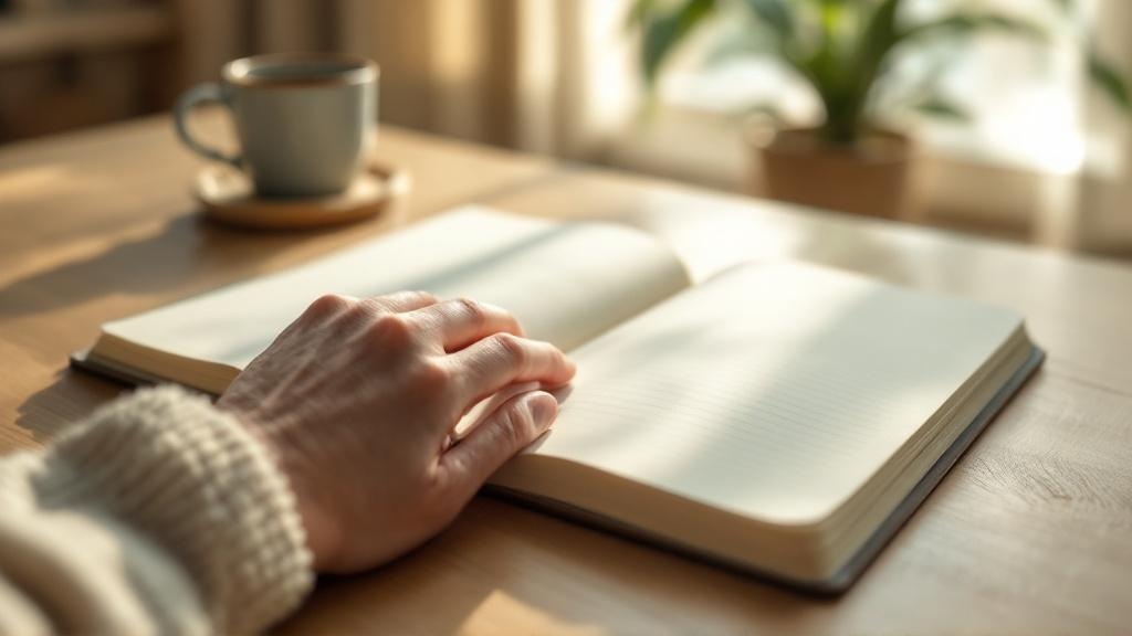 Extreme close-up of an adult hand resting on an open notebook on a wooden table with a mug and soft daylight in the background.