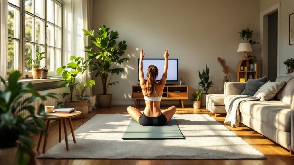 Wide view of a cozy living room where an adult exercises on a mat with journaling supplies nearby, illustrating free and low-cost wellness habits.