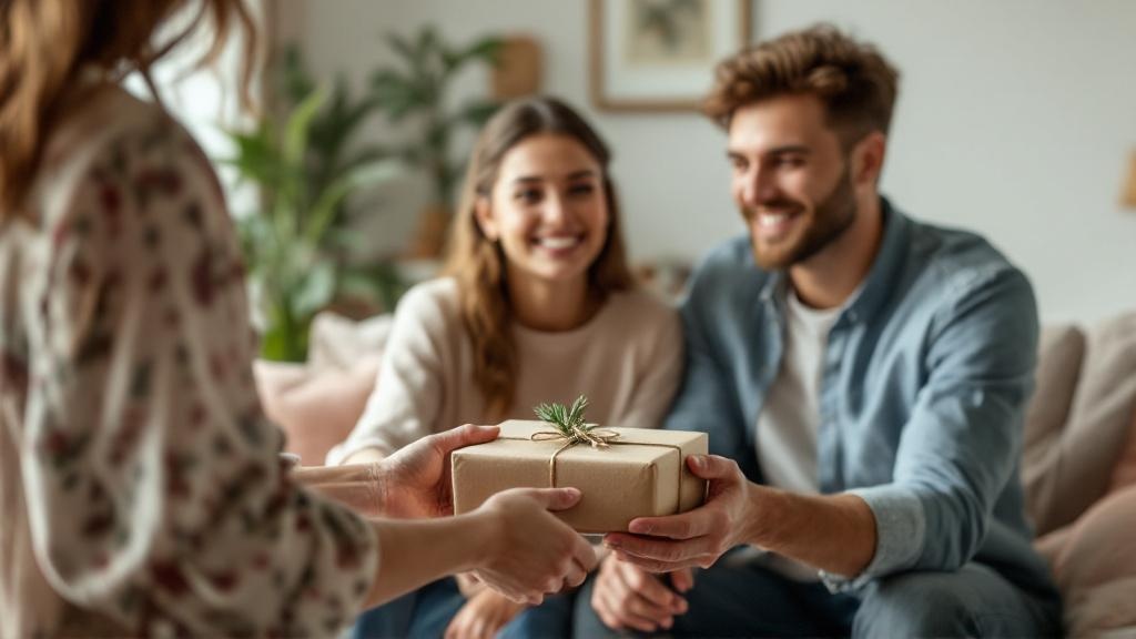 Guest offering a small simply wrapped wedding gift to a smiling couple in a cozy muted-tone living room, emphasizing a warm, budget-friendly yet thoughtful moment.