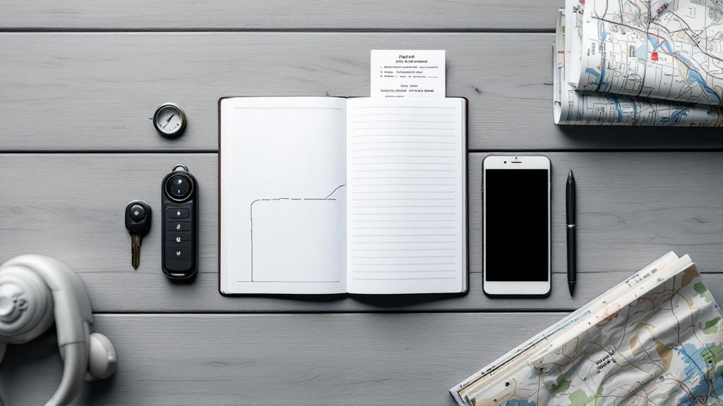 Overhead flat-lay of car keys, tire gauge, notebook, fuel receipts, and a phone arranged neatly on a muted gray tabletop.